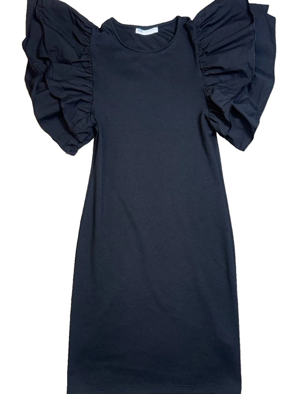 Zara Black Mini Dress S Stretch Knit Dramatic Ruffle Flutter Statement Sleeves